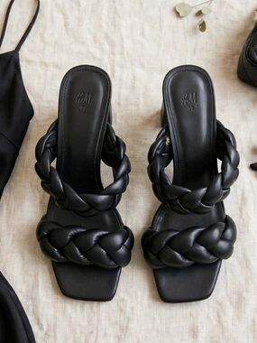 H&M Black Braided Two-Strap Block Heel Sandals